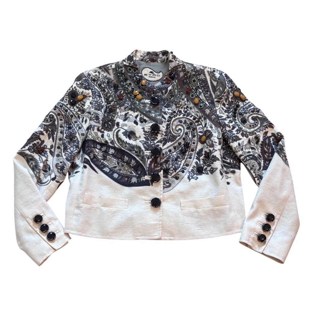 Etro Milano‎ Hand Embroidered Paisley Beaded Silk Linen Jacket IT 48 Cream Brown